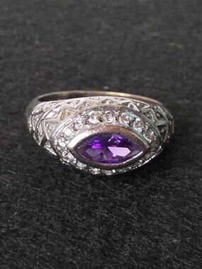 Vintage Marquise-Cut Amethyst & White CZ 925 Sterling Silver Statement Ring